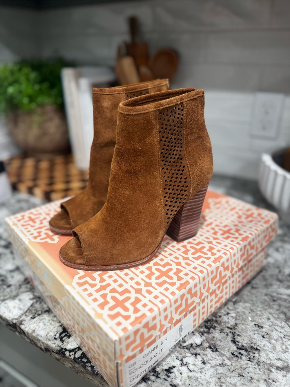 Gianni Bini Chestnut Suede Peep-Toe Perforated Ankle Booties
